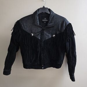 Berman Suede Leather Black Bomber Jacket Medium Fringe 80s 90s
